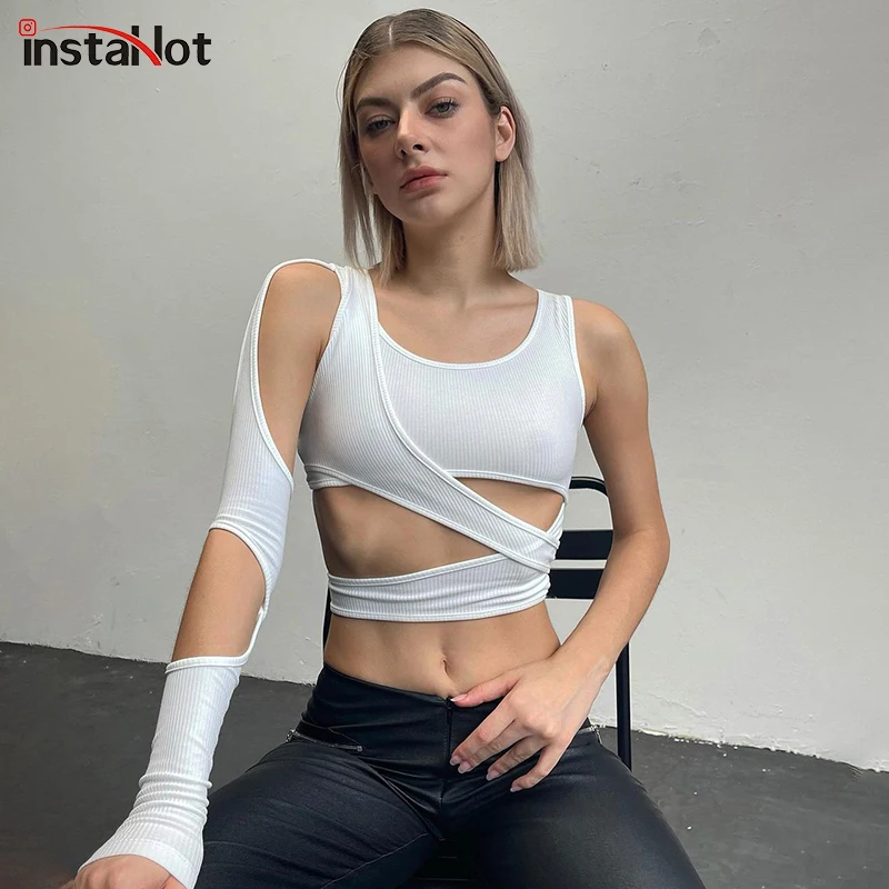 

Sold Out Hollow Out Asymmetrical Women's Top One Shoulder Skinny Elegant Sexy Casual Streetwear Party Female Clothing Solid Tee