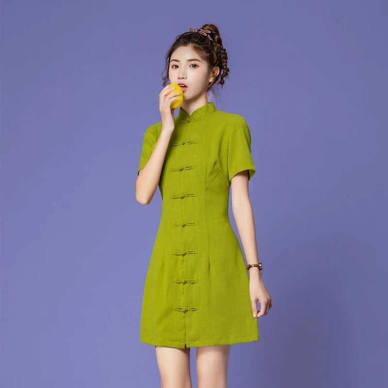 Зеленое авокадо улучшенное свежее и тонкое платье Ципао Новинка лета женское