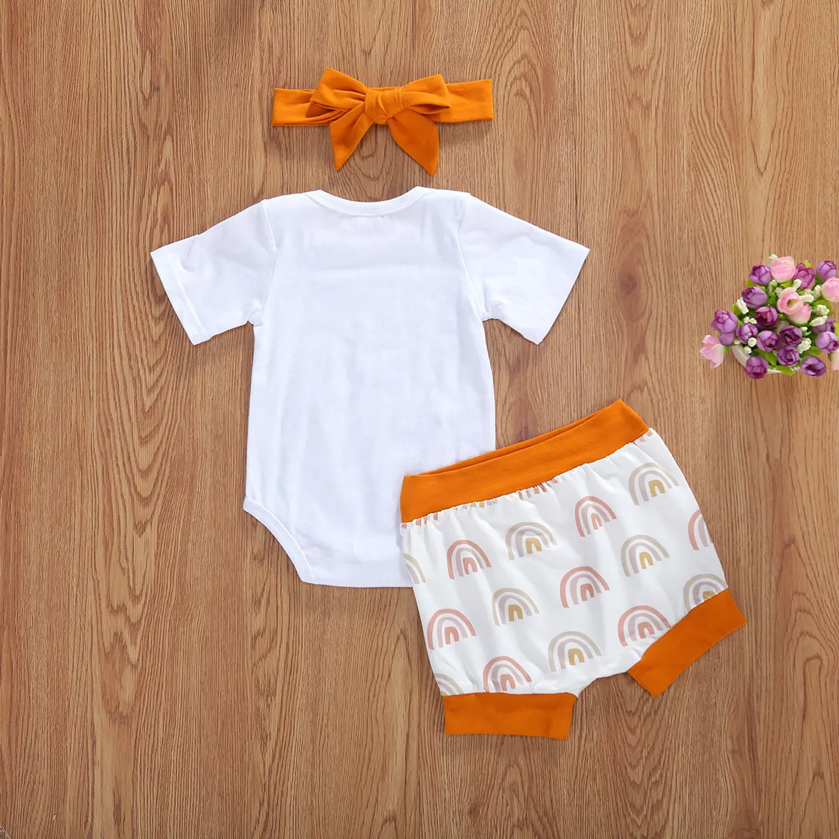 

Baby Summer Clothes Set Newborn Baby Boy Girl Cotton Short Sleeve Letter Pattern Tops Romper+Rainbow Print Shorts+Bow Hairband