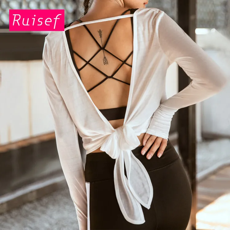 Женская спортивная рубашка с узелком и открытой спиной белая розовая зеленая