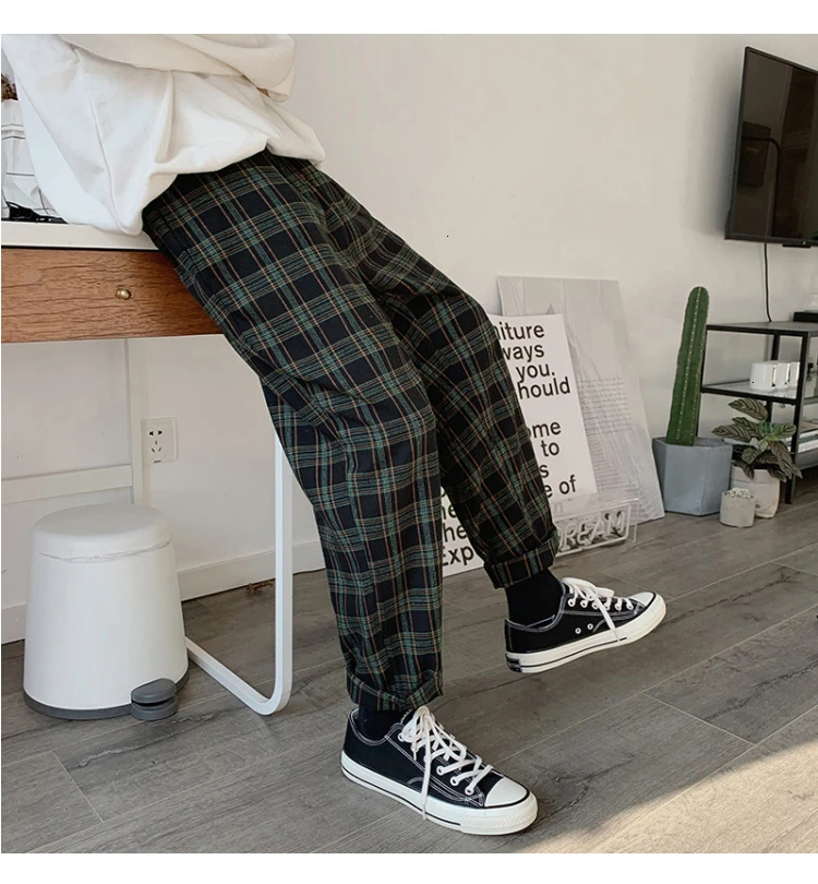 

Privathinker 2020 New Fashion Man Loose Striped Length Trousers Korean Men Plaid Casual Pants Oversized Streetwear Joggers