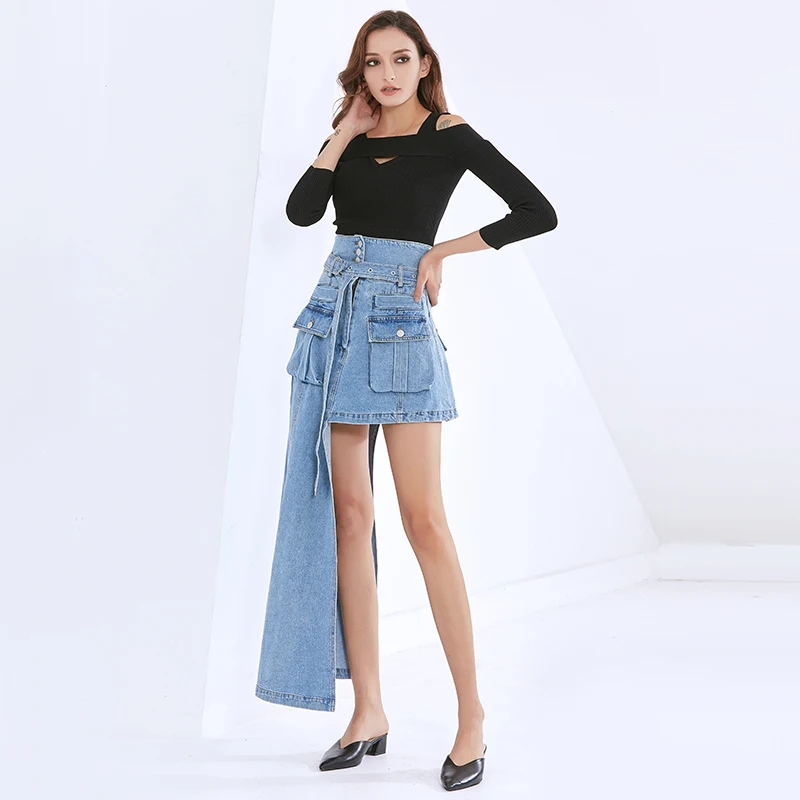 

Hem Casual Skirts For Women High Waist With Sashes Irregular Denim Asymmetrical Skirt Female Fashion Clothing Tide