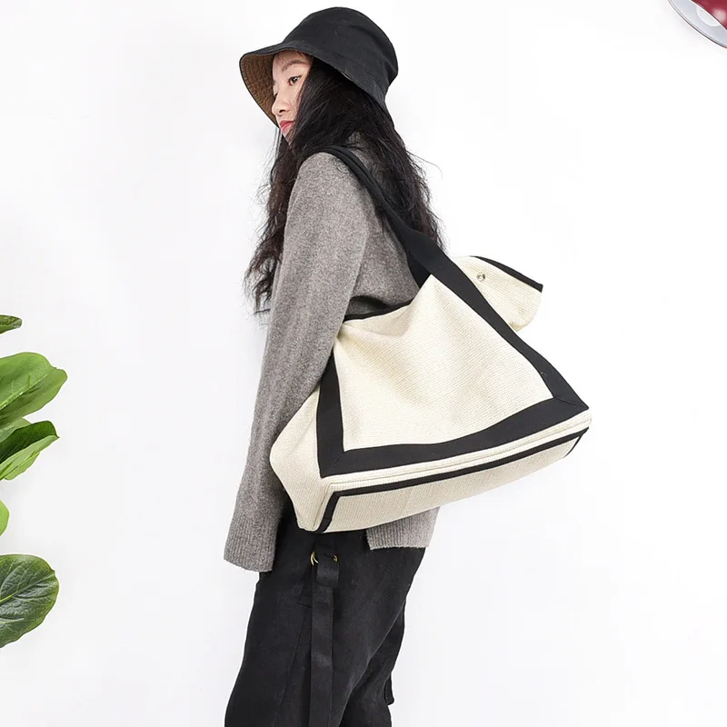 

Fashion Literary Style Large Capacity Simple Contrast Color Design Tote Bag Girls Cotton And Linen Bag Women Travel Shoulder Bag