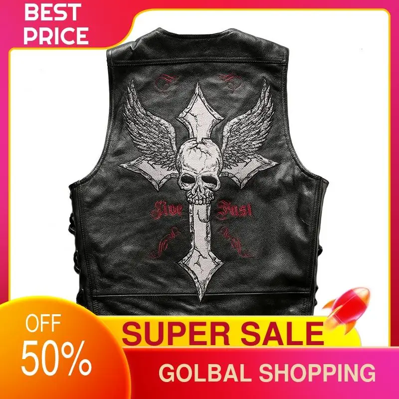 

2021 Black Skulls Embroidery Motorccyle Style Genuine Leather Vest Men Plus Size 4XL Real Natural Cowhide Spring Short Coat