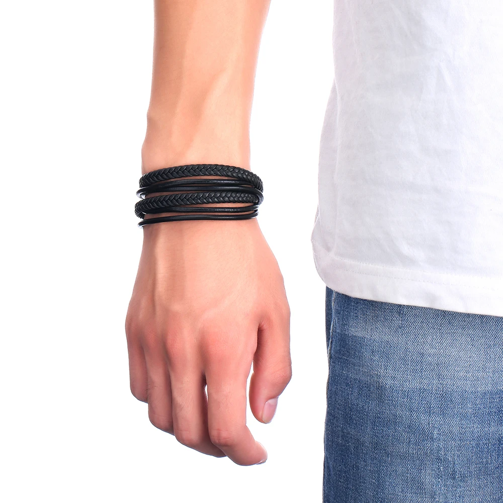 Fashion Black Genuine Leather Buddha Bracelet Stainless Steel Clasp Multi Layer Braid Rope Chain Wristband Vintage Gifts | Украшения и