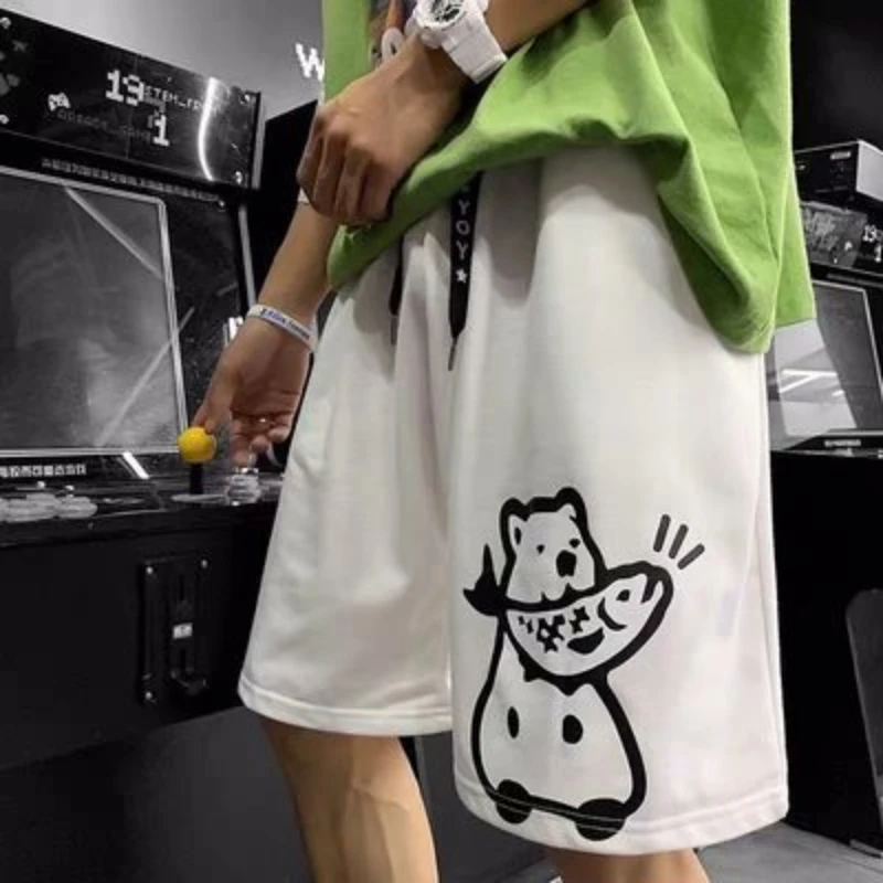 

YUNFAN shorts women men 2020 summer Korean fun cartoon printing casual loose wide legs Harajuku five points high waist pants