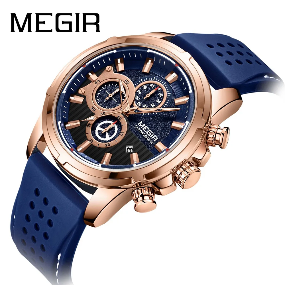 MEGIR кварцевые часы мужские Водонепроницаемые силиконовые спортивные с