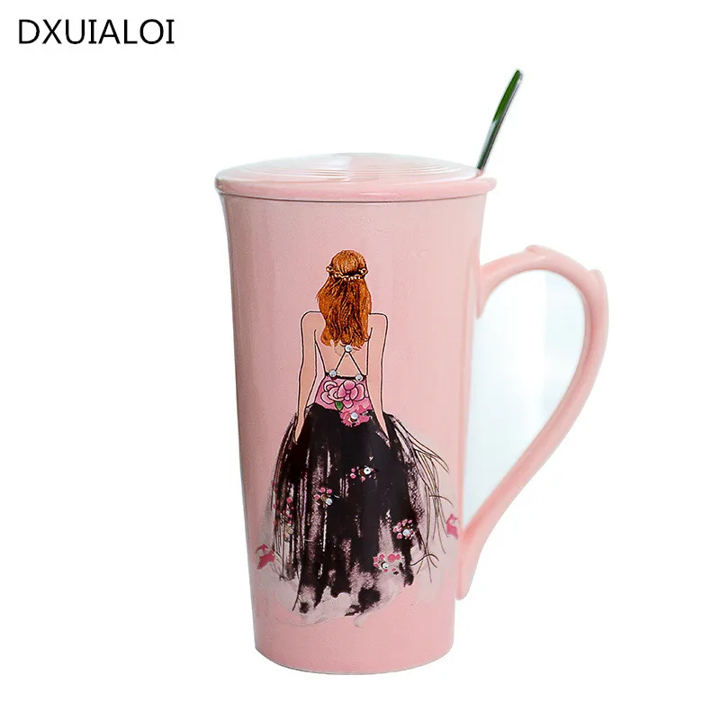

Creative ceramic hand-painted beauty hot drilling ceramic cup Wedding gift fashion dress pink creative mug coffee cup teacup