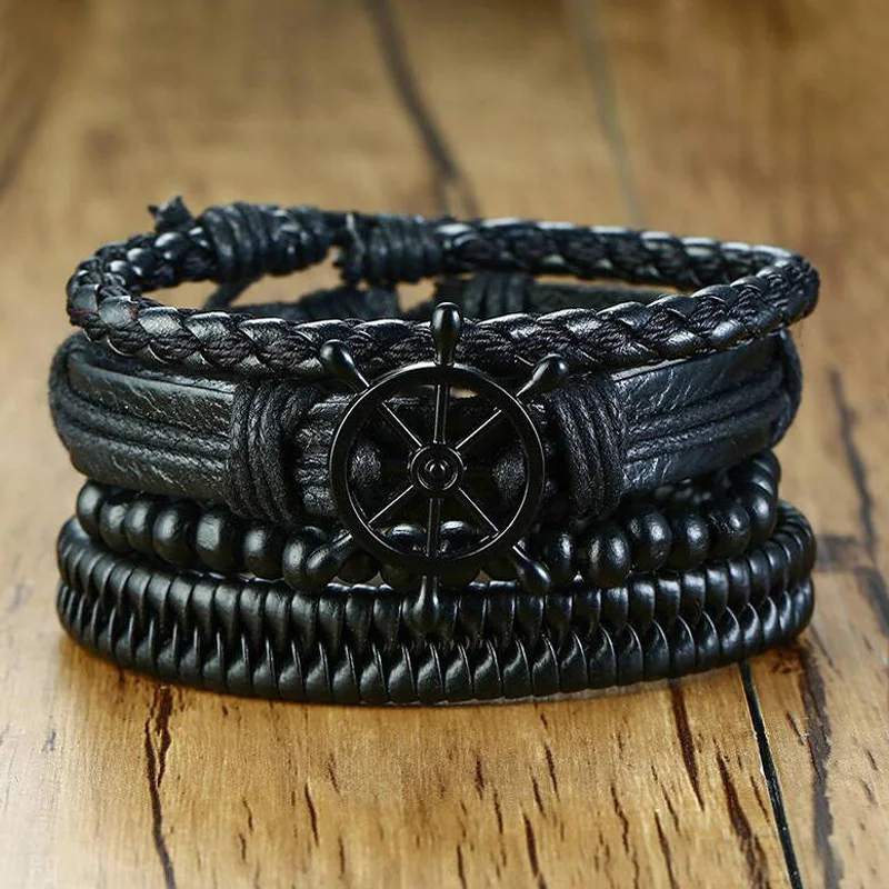 Винтажный Плетеный Многослойный кожаный браслет с деревянными бусинами сосуд