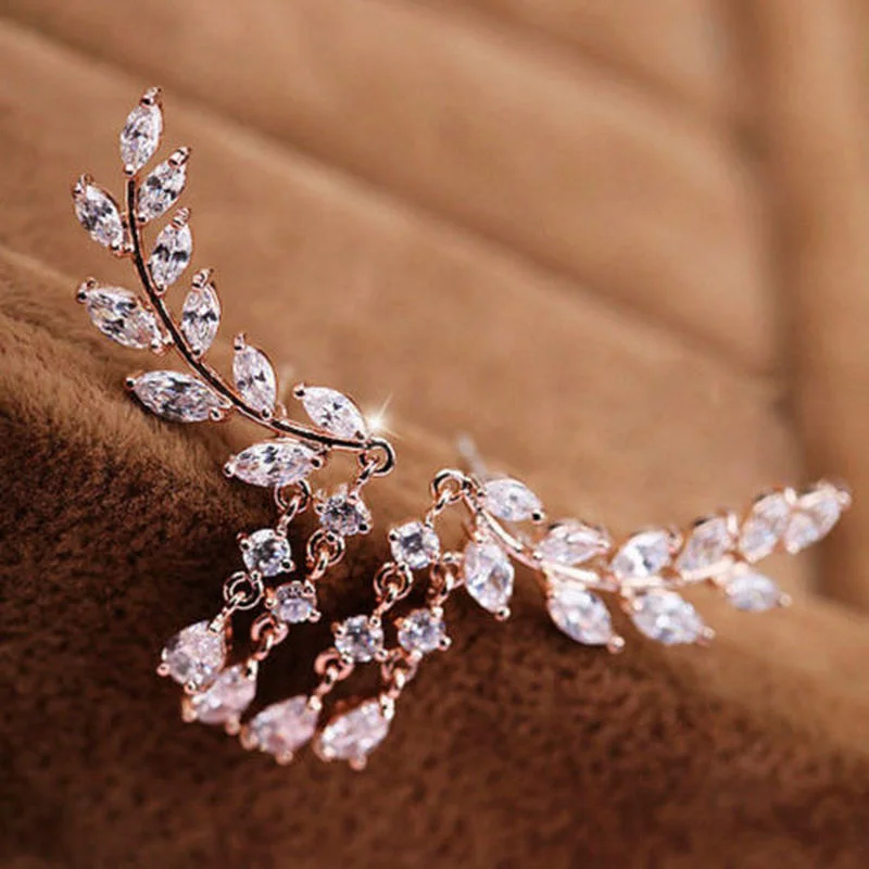 

2021 Korean Jewelry Sweet Sparkling Diamond Leaf Leaf Tassel Crystal Water Drop Earrings Earrings Party Accessories for Women