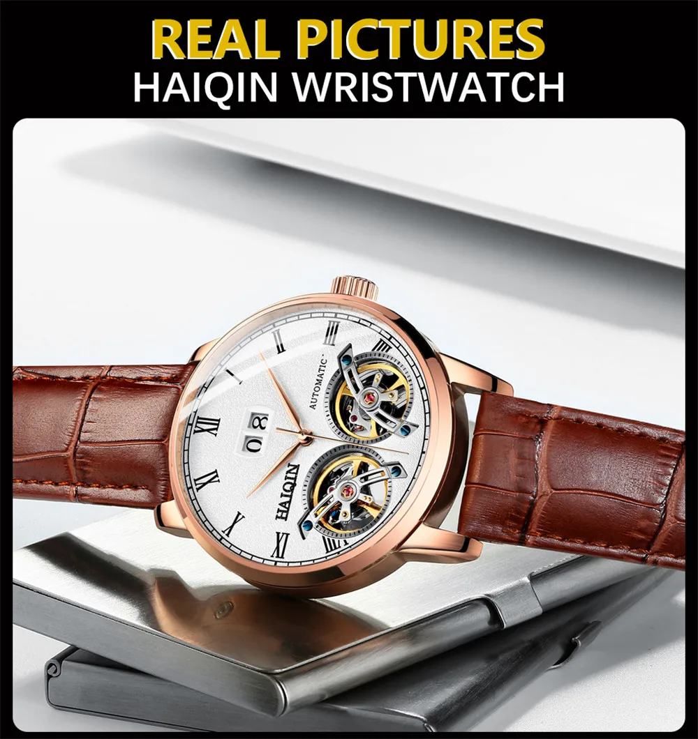 HAIQIN Men Mechanical Automatic Double Tourbillon Calendar Stainless Steel Wrist Watches Top Brand Luxury Military Male Clock
