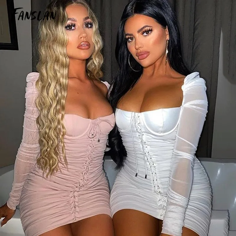 

Fanslan Autumn Sexy Mini Dress Long Sleeve Bodycon Dress Party Club Mesh Sleeves Solid White Casual Bandage Ruched Dress Women