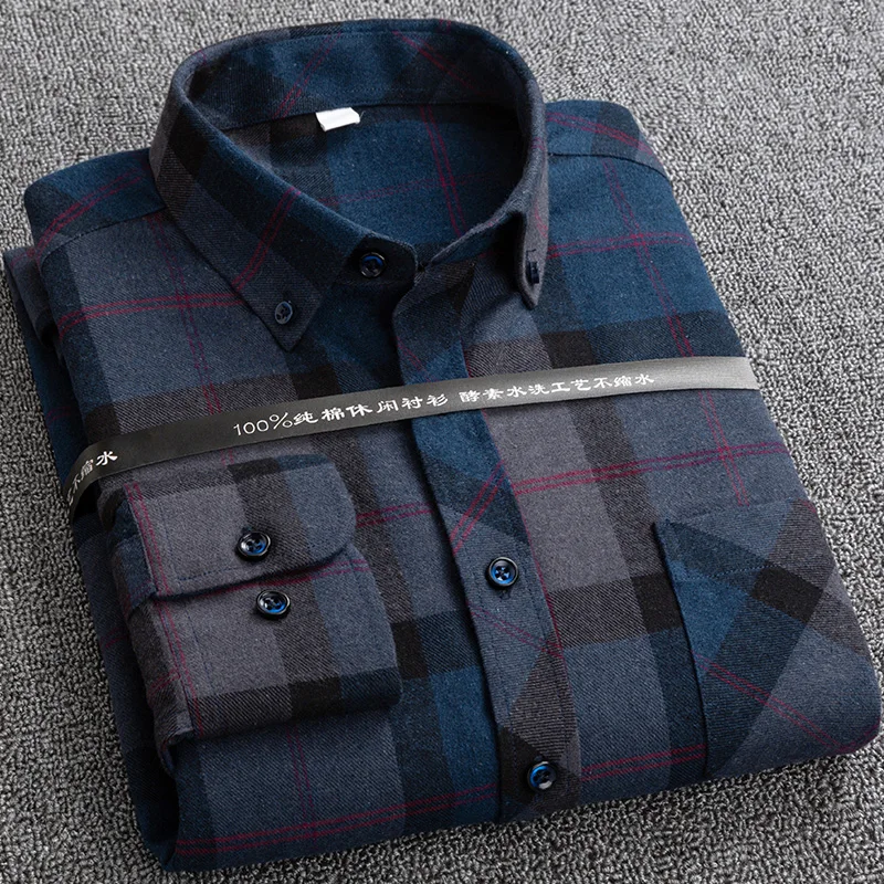 100% Cotton Man's Casual Plaid Shirt Sanding Fabric Flannel S to 6xl Warm Oversized Shirts for Male Long Sleeve with Pocket New
