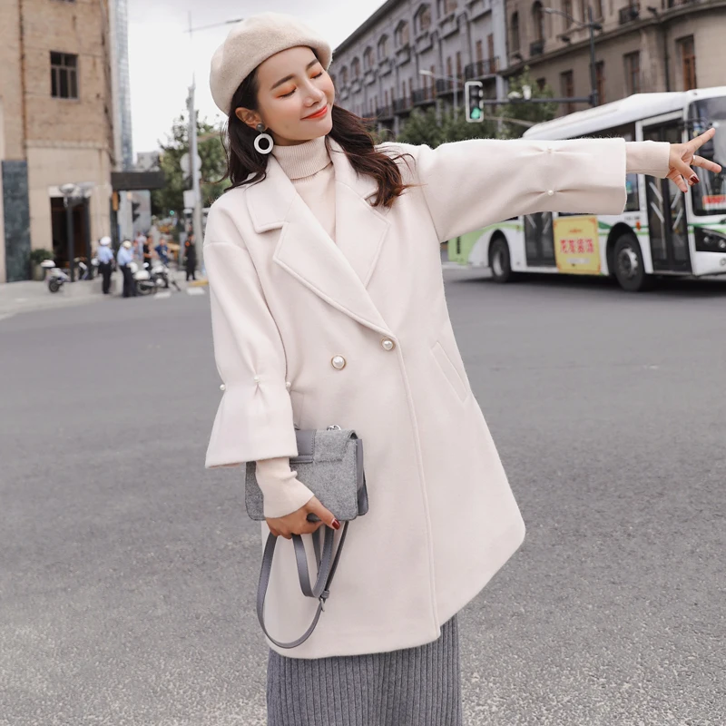 

Korean autumn and winter new woolen double-breasted long loose straight solid color winter coat women ropa mujer