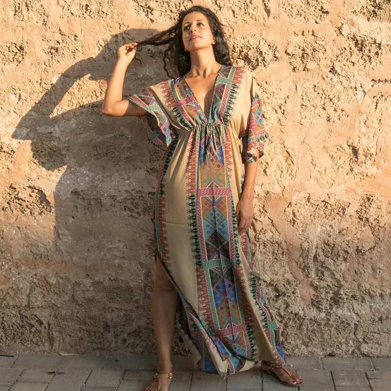 

Summer Cotton V-neck Loose Plus Size Women Holiday Wear Bikini Swimsuit Cover Ups Ethnic Style Side Split Fork Beach Long Dress