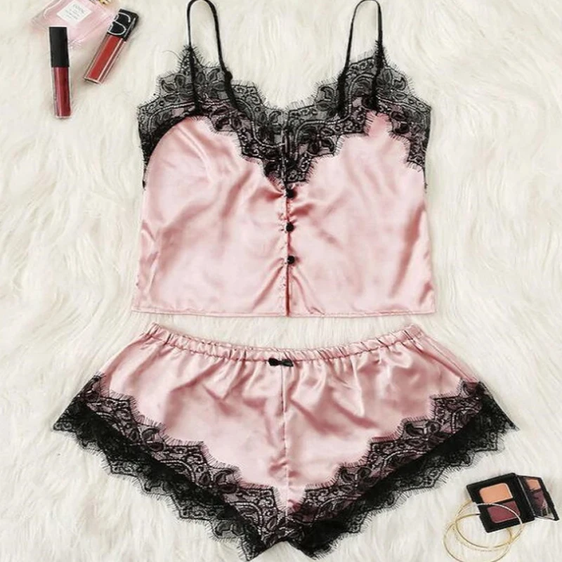 

1 комплект, кружевной Пижамный костюм, домашний модный Удобный костюм из двух предметов, топы, шорты, комплект, комбинация, пижама, ночное бел...