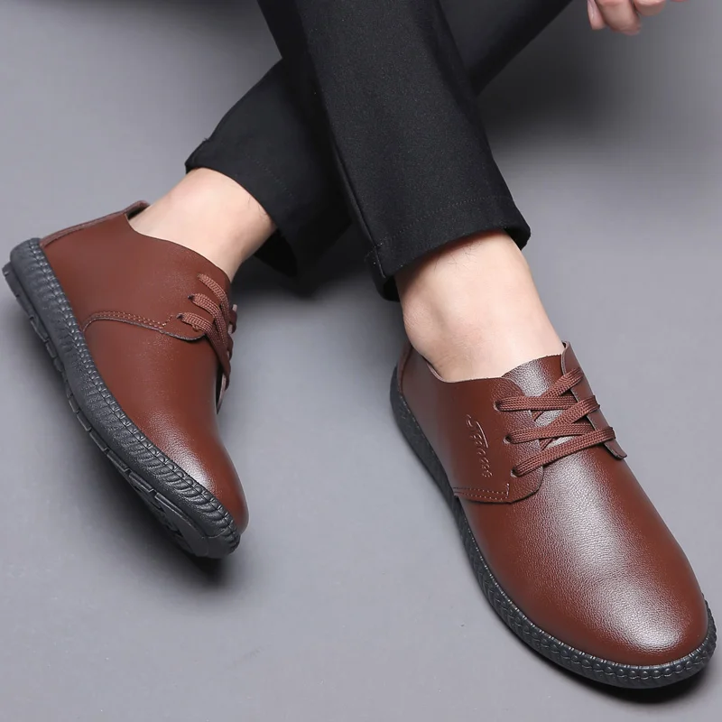 2020 Leather Shoes Men Fashion Casual Ligheweight Lace-up Footwear KITLELER Non-slip Moccasins Chaussure Homme | Обувь
