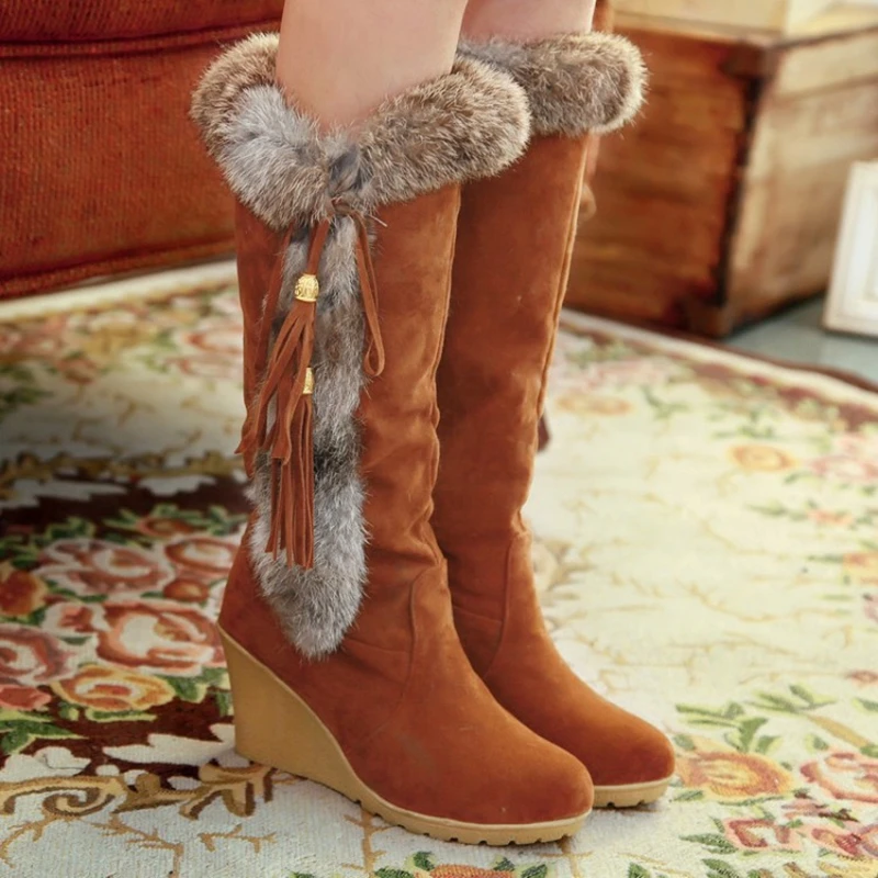 

LEOSOXS 2020 New Women Boots Fur Winter Warm Snow Boots Mid-Calf Heel Flat Female Shoes Plus Size 43 Ladies Fashion Casual Shoes