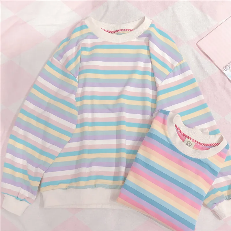 Женский пуловер в радужную полоску Корейском стиле толстовки преппи для