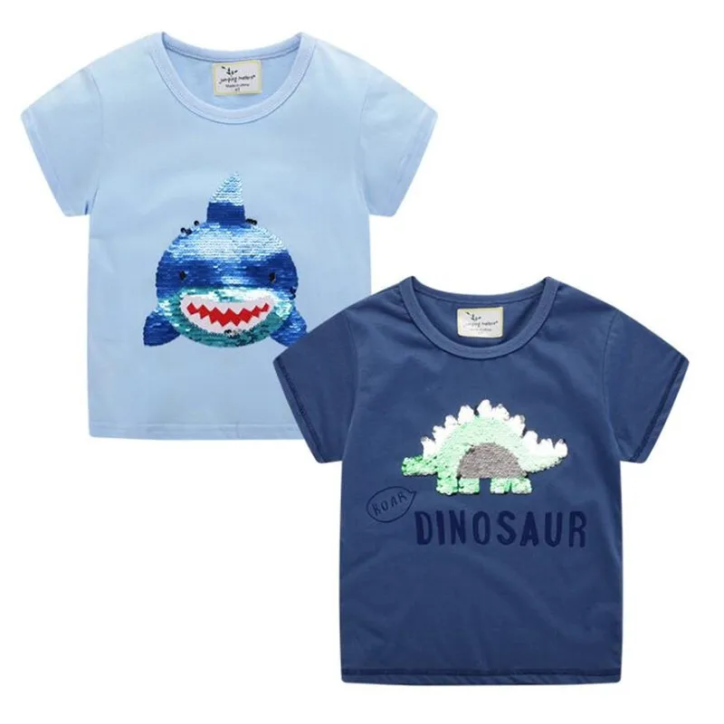 Одежда для мальчиков из хлопка с изображение акулы или динозавра флип блестки