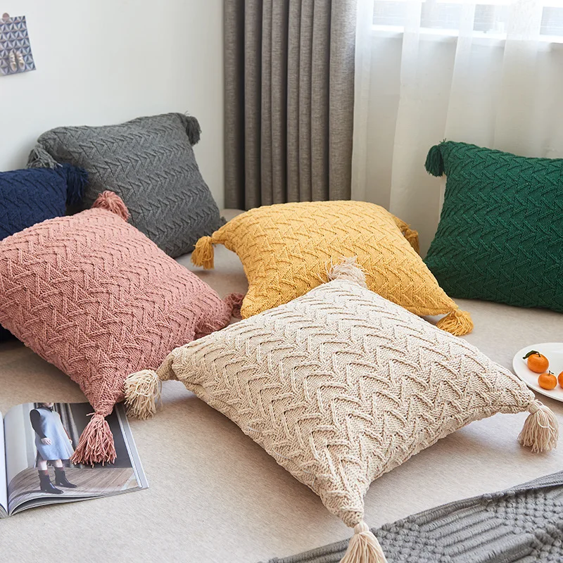 

Нордическая шерстяная вязаная квадратная подушка с кисточками для спальни гостиной дивана подушки поясная наволочка мягкая наволочка для подушки