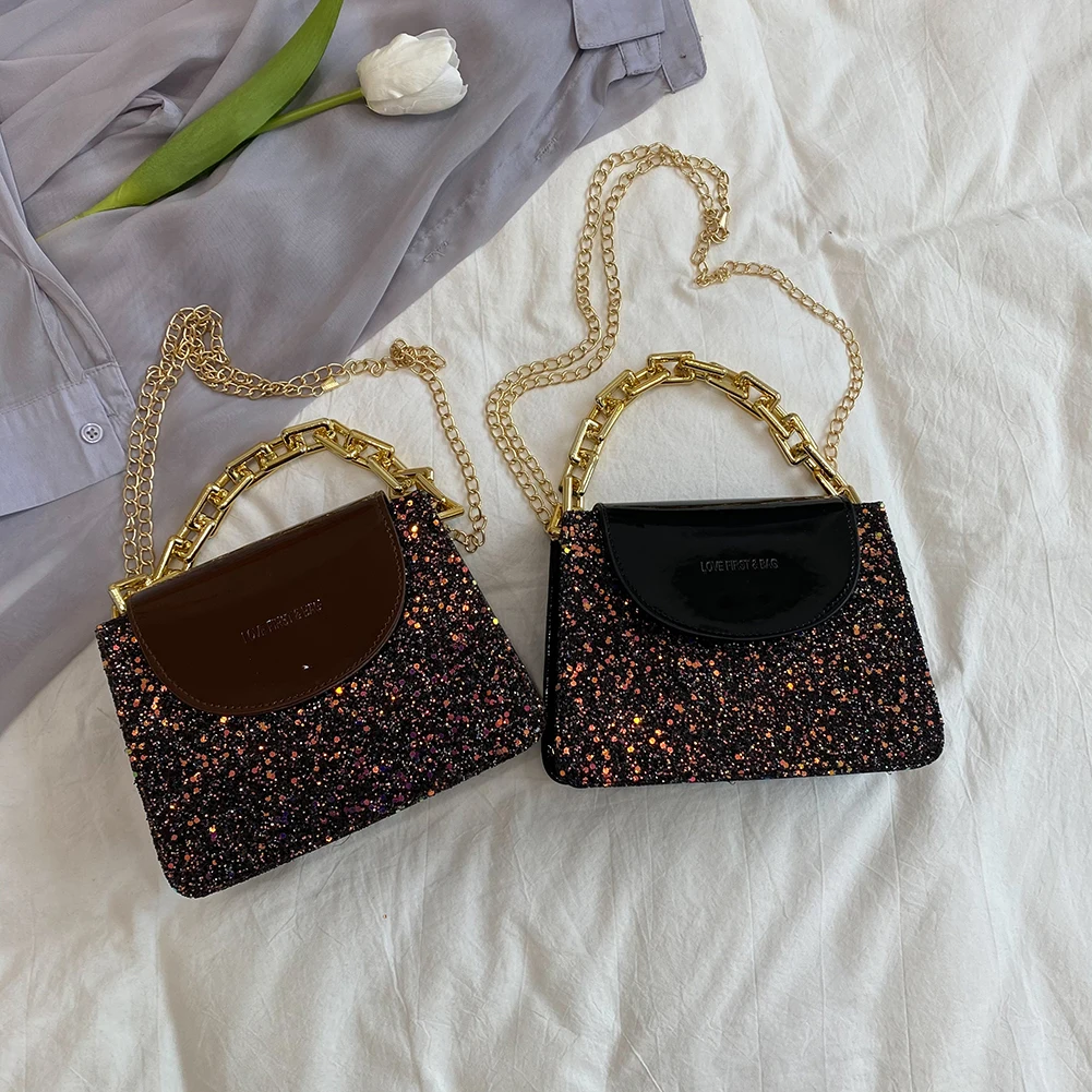 

Fashion Women PU Leather Thick Chain Sequins Shoulder Crossbody Messenger Bag Casual Ladies Small Handbags Flap Purse