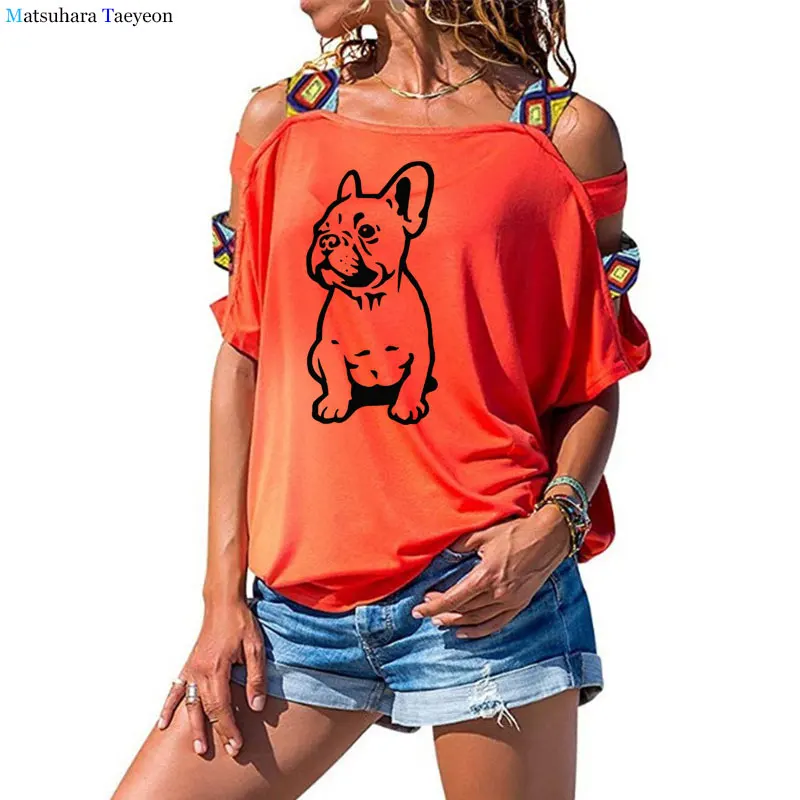 

Fashion New Summer French Bulldog Tshirt Women Print Cotton Tee Short Sleeve Sexy Hollow Out Shoulder T Shirt Tops women clothes
