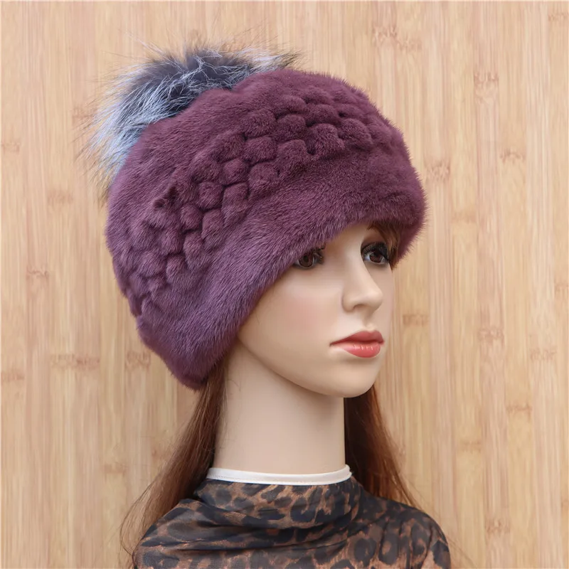 

Fur mink pineapple hat whole mink imported fashion whole mink spiral shape black fox fur ball hat Korean winter warm