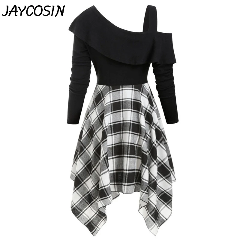 JAYCOSIN женское платье с длинным рукавом, асимметричное платье в шотландскую клетку с поясом, мини-платье трапециевидной формы
