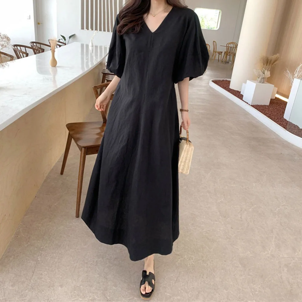 

2021 Summer New Lantern Sleeve V-neck Loose Swing Women's Dress Solid Color Retro Japanese Style Korean Fashion Hot Sale