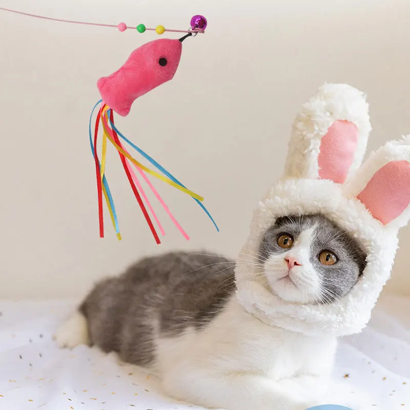 Elastic Metal Boom Tease Cat Stick Funny Toy + 3 Pcs Replaceable Plush Fake Fishes Playing With Your Kitten Pets Make Fun | Дом и сад