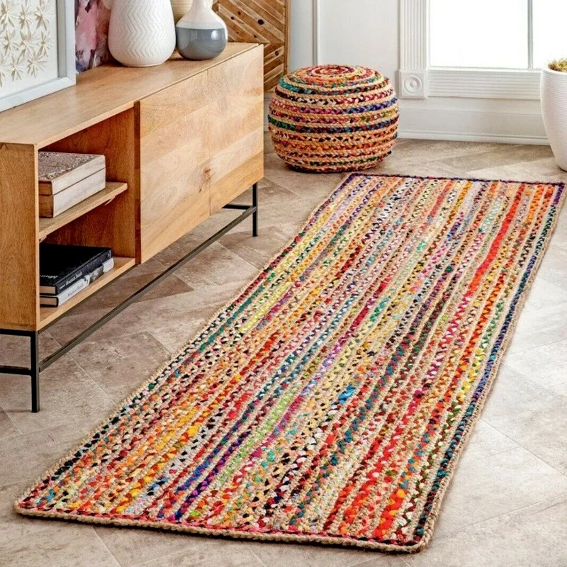 

Jute Cotton Carpet 100% Natural Woven Style Area Runner Rug Modern Living Rug Home Decoration