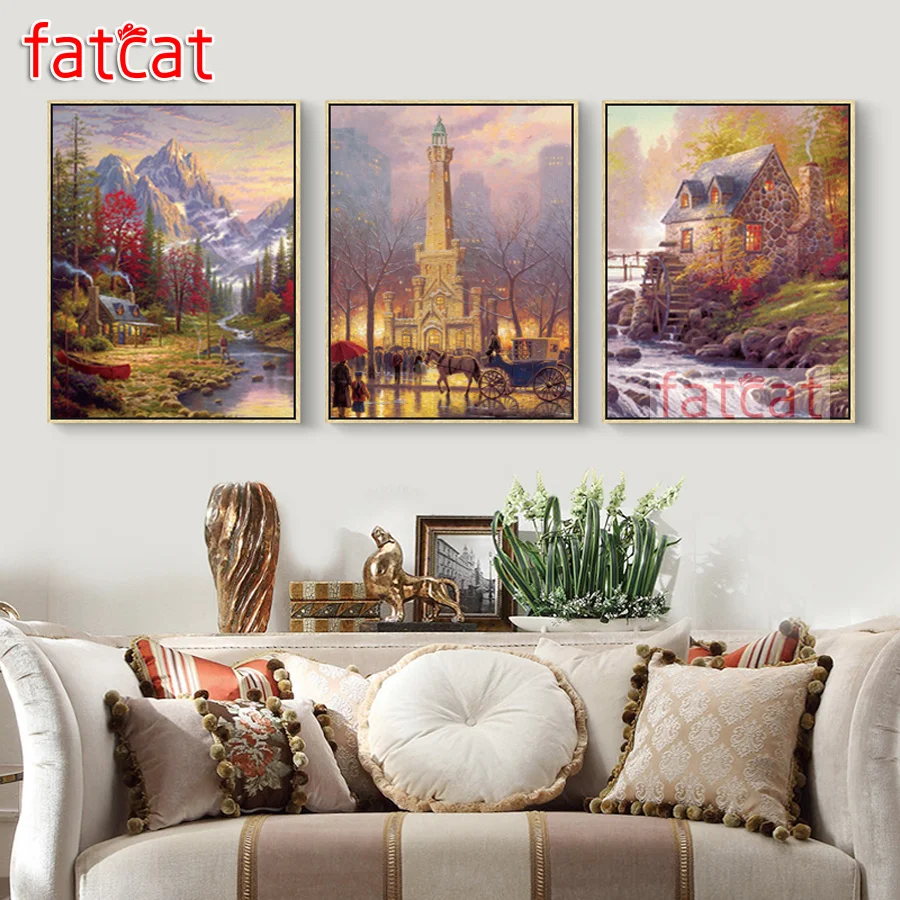 

Алмазная 5d картина «сделай сам» FATCAT Snow mountain house river, полноразмерная, Круглая Мозаика из страз, Набор для вышивки Триптих AE2604