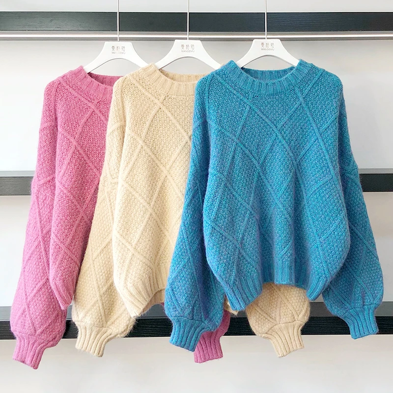 

Casual Twisted Pullover and Sweaters For Women Candy Colors Solid Pull Femme Beige Blue Loose Knitted Jumpers Korean Tops
