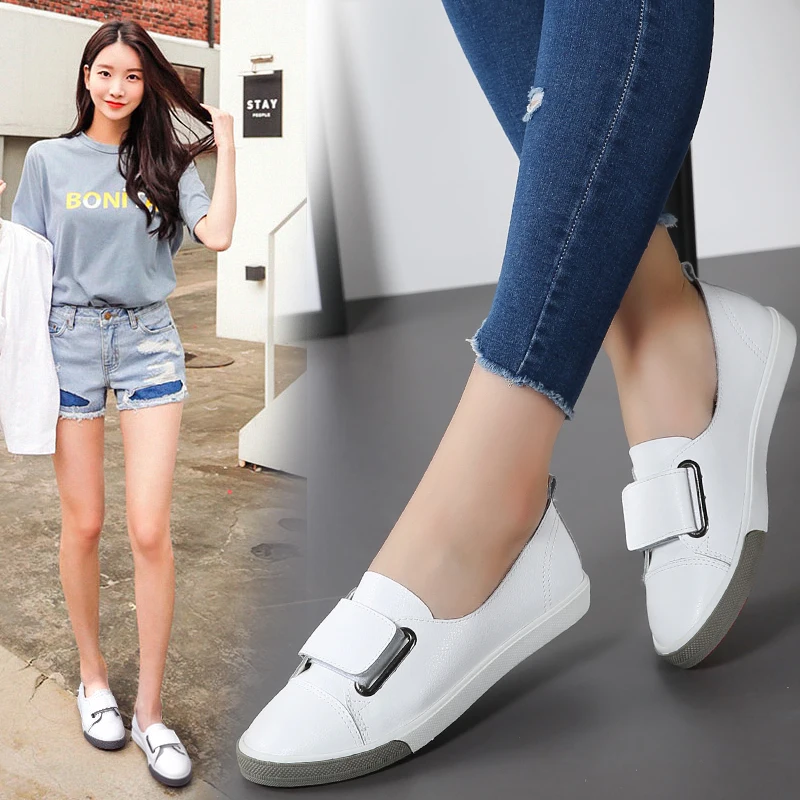Белые кожаные туфли с пряжкой Женская обувь в Корейском стиле волшебными