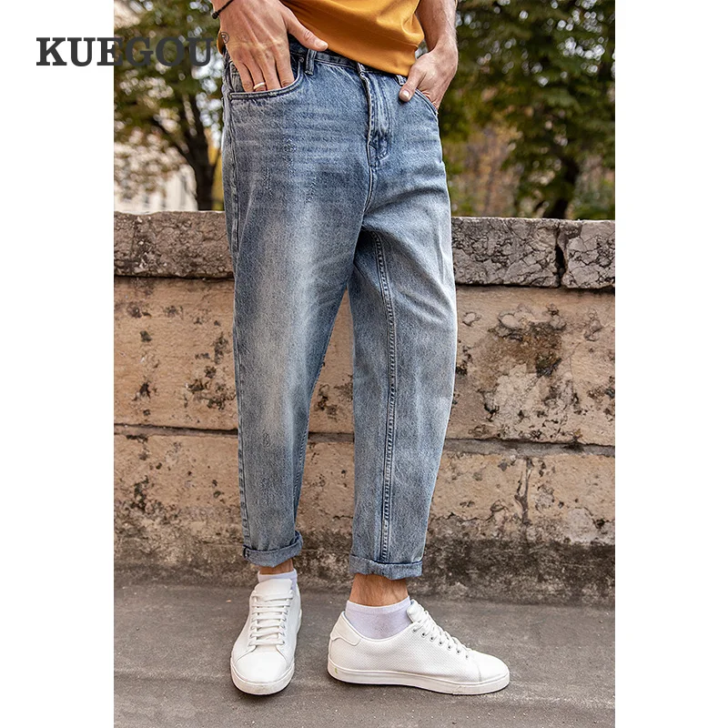 

Джинсы KUEGOU мужские свободного покроя, Суженные книзу джинсы до щиколотки, штаны-султанки из 100% хлопка, синие модные брюки, размера плюс KK-2903, ...