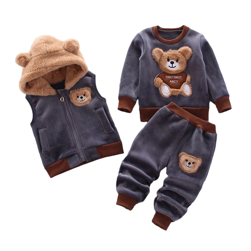 

Children Boy Girl Clothes Autumn Winter Soft Cotton Thick Warm Baby Hooded Vest Jacket Pants Set Cartoon Bear 2/3Pcs Kids Suit