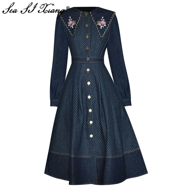 

Seasixiang Fashion Designer Autumn Denim Dress Women Sailor Collar Long Sleeve Dot Print Floral Embroidery Vintage Midi Dress