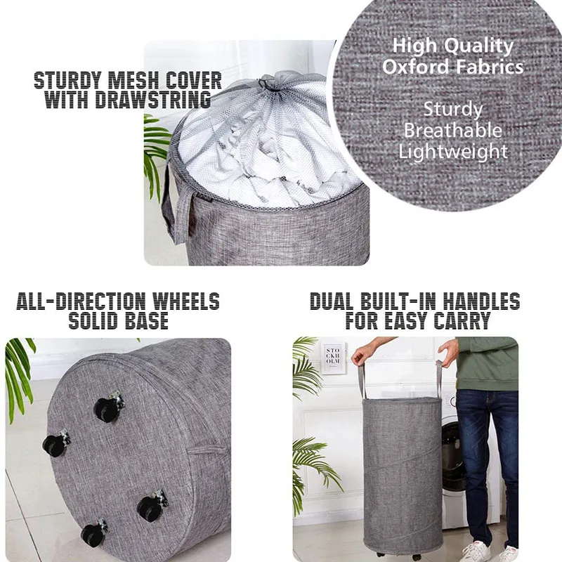 

2 Pack Collapsible Laundry Basket with Wheels, Handles and Mesh Tops - Smart Design, Large, Oxford Fabrics