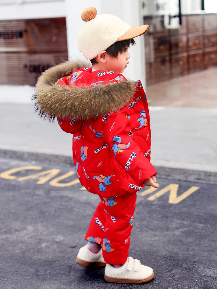 Winter children's down suit Girls pink snow suit Boy ski down suit Baby windproof down jacket+ thick Keep warm down pants