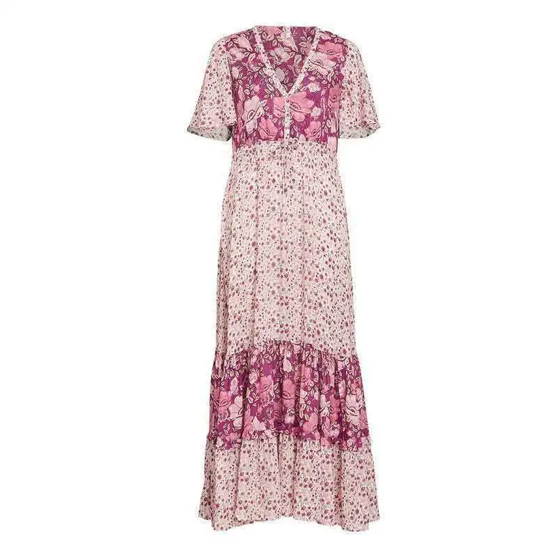 Богемный Вдохновленный розовый цветочный принт платье v-образным вырезом