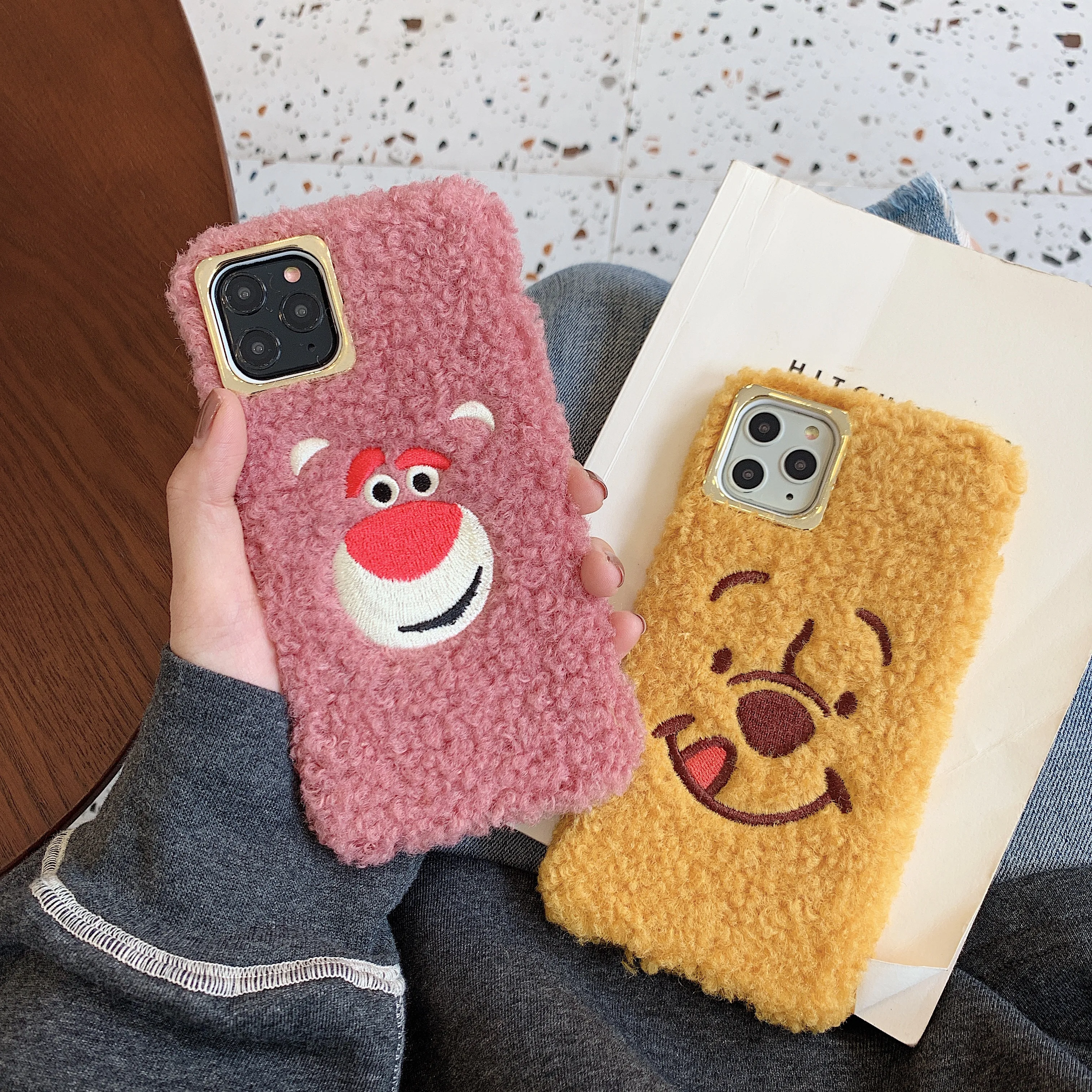 Милый 3D мультфильм вышивка медведь плюшевый мех теплый чехол для телефона 7 8 Plus X