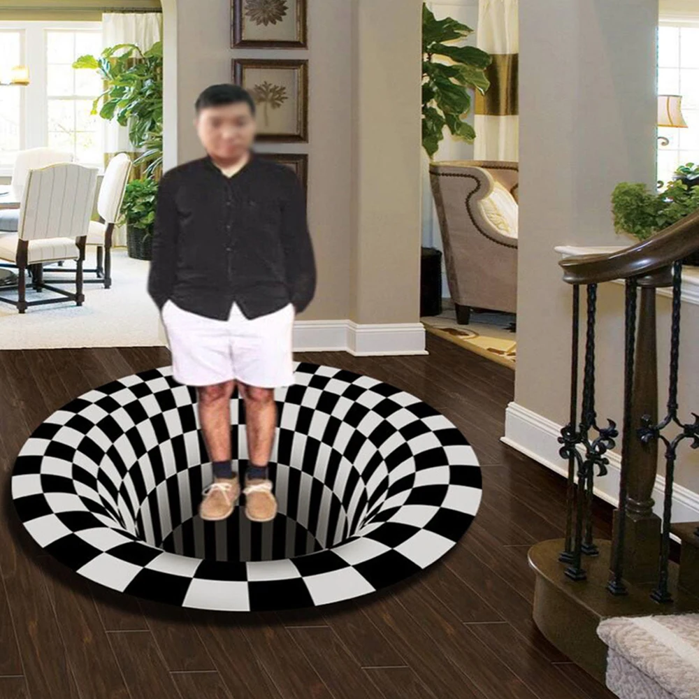 Круглый коврик в клетку Вихревой с оптической иллюзией прочный нескользящий