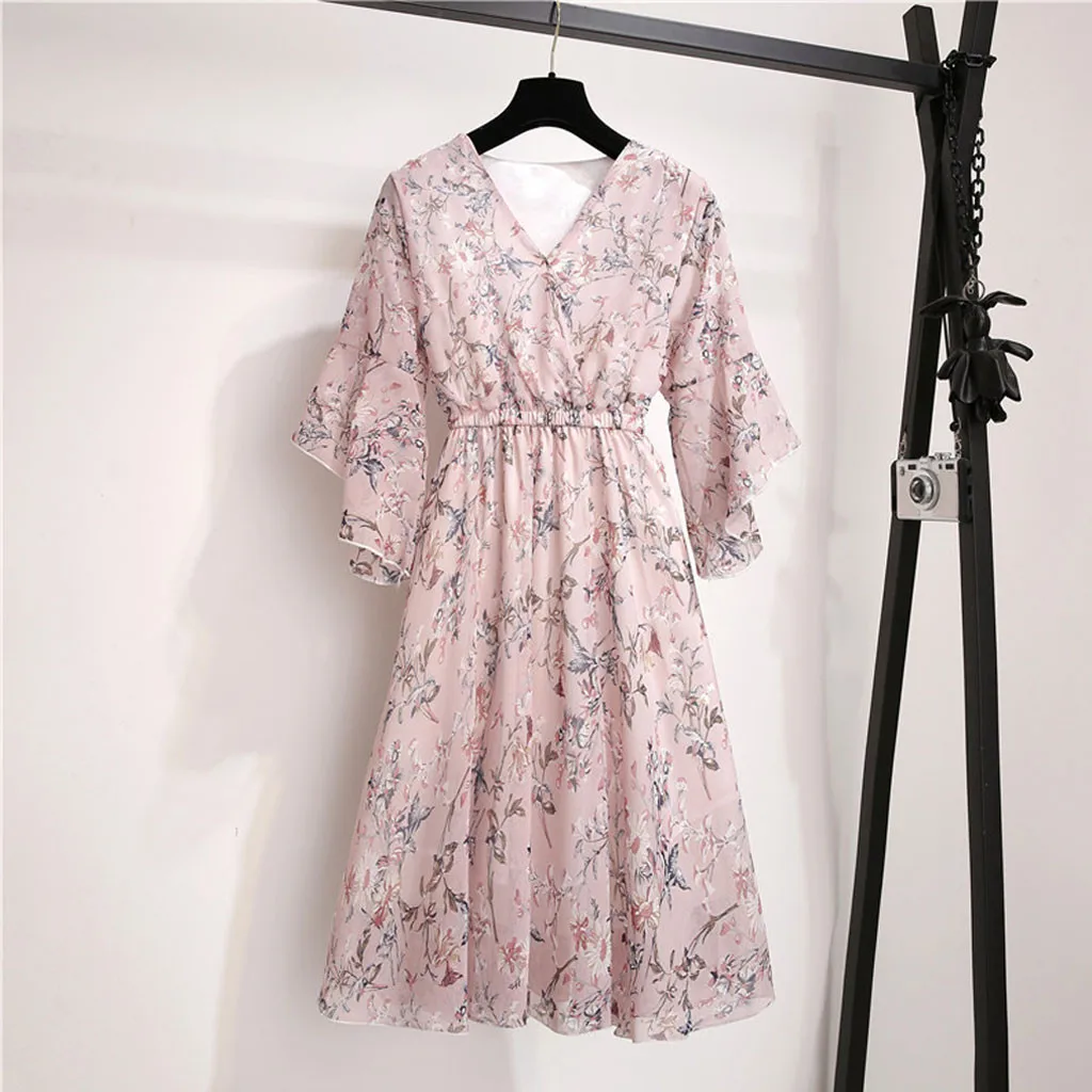 SAGACE Dress Women Casual Floral Printed A-Line Chiffon V-Neck Summer Holiday Elastic Waist Bandage Lady | Женская одежда