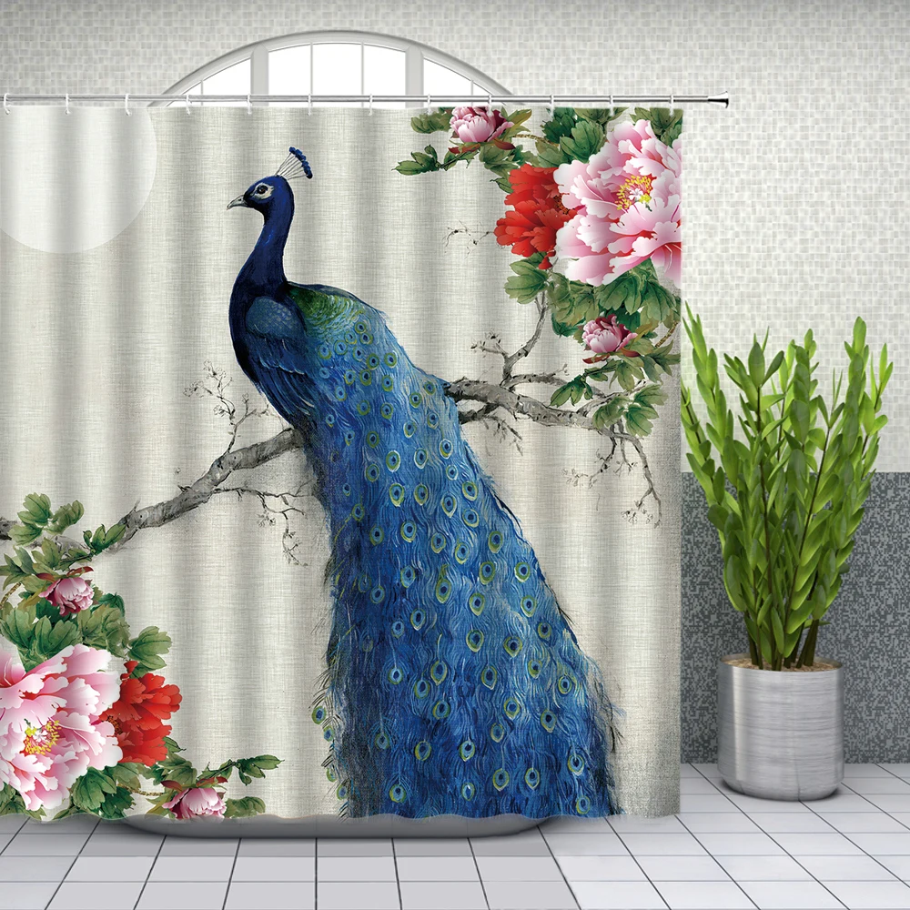 Набор из синих павлинов занавесок для душа с красивыми птицами пионами