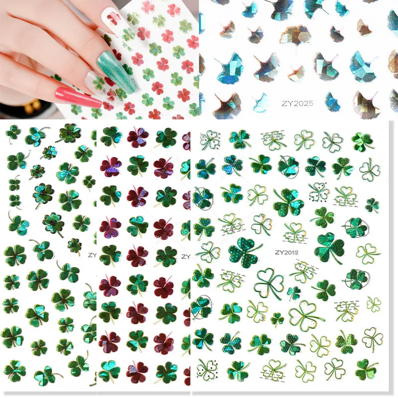 

1PC Top Selling Lucky Clover Clover 3D Nail Decal And Stickerl Enhancement Sticker Laser Gingko Leaf Art Decoration Nail Sticker