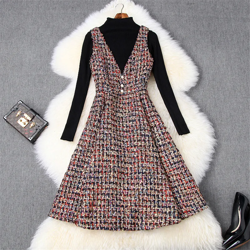 

2020 Spring Woman Clothes Long High Quality Runway Dress Sleeve Knitted Black Top and Retro Tweed Woolen Dress 2piece Sets