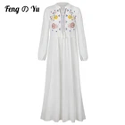 Осенняя модная женская мусульманская юбка с V-образным вырезом и вышивкой, арабский белый льняной халат, Арабский Дубай, одежда с длинными рукавами