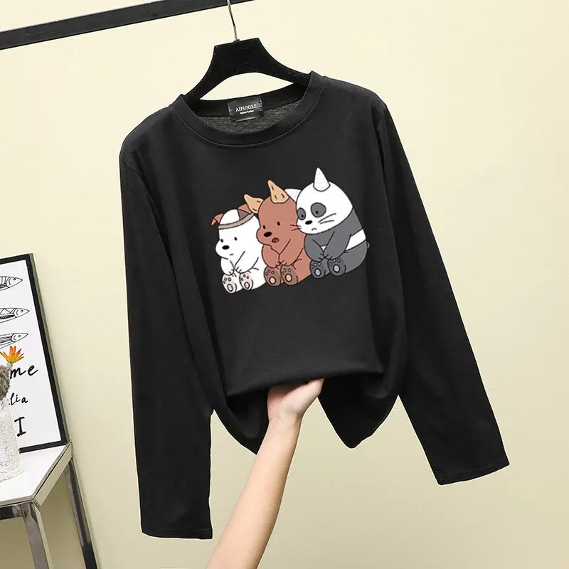 

Autumn cartoon unicorn round neck loose long-sleeved blouse cute all-match milk silk student T-shirt white