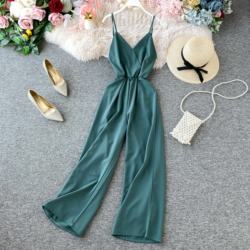 

Ins Sleeveless V-neck Jumpsuits Women Sexy Backless High Waist Thin Drape Wide Leg Jumpsuits Rompers L679